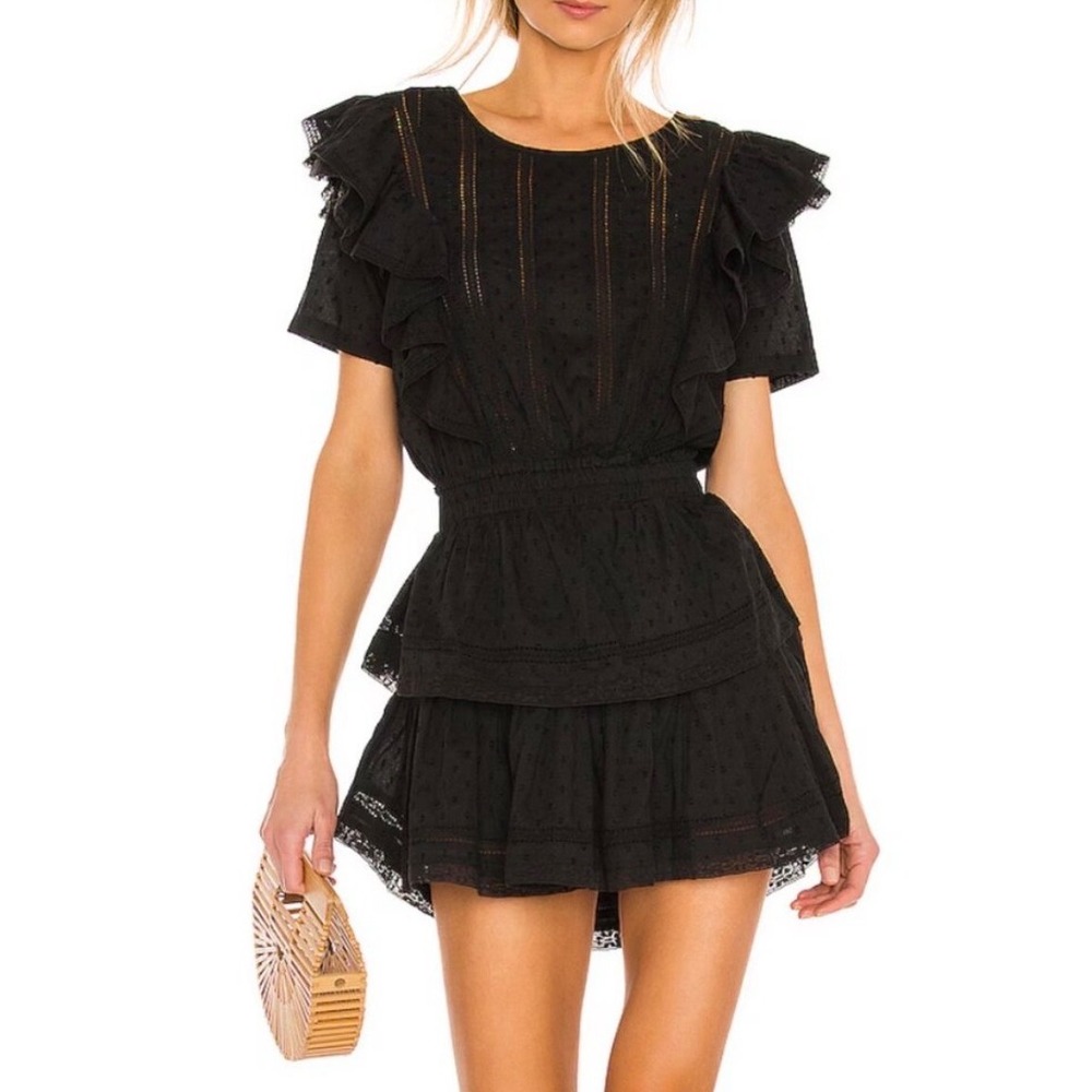 LoveShackFancy Natasha Black Eyelet Ruffle Mini Dress Smocked Waist  XS